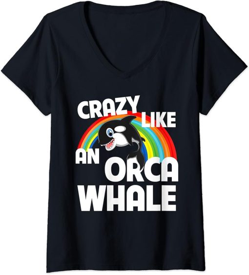 Womens Crazy Like An Orca Whale Watching Funny LGBTQ Rainbow Ocean V-Neck T-Shirt