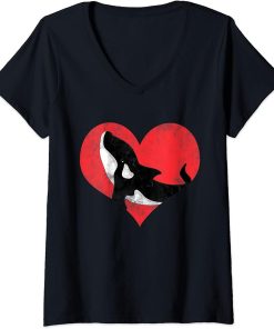 Womens Ocean Animal Lover Aquarist Gift Heart Aquarium Cute Orca V-Neck T-Shirt