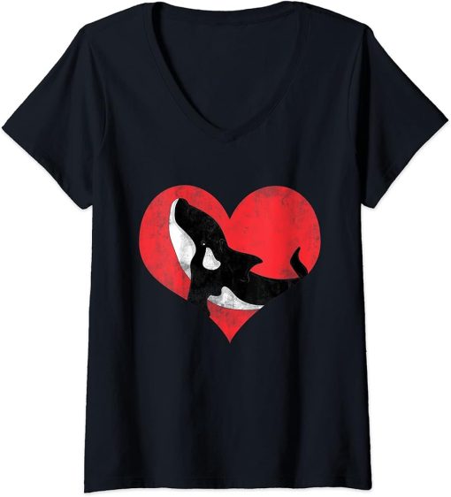 Womens Ocean Animal Lover Aquarist Gift Heart Aquarium Cute Orca V-Neck T-Shirt