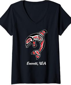 Womens Native American Everett WA Red Orca Killer Whale V-Neck T-Shirt