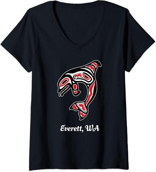 Womens Native American Everett WA Red Orca Killer Whale V-Neck T-Shirt