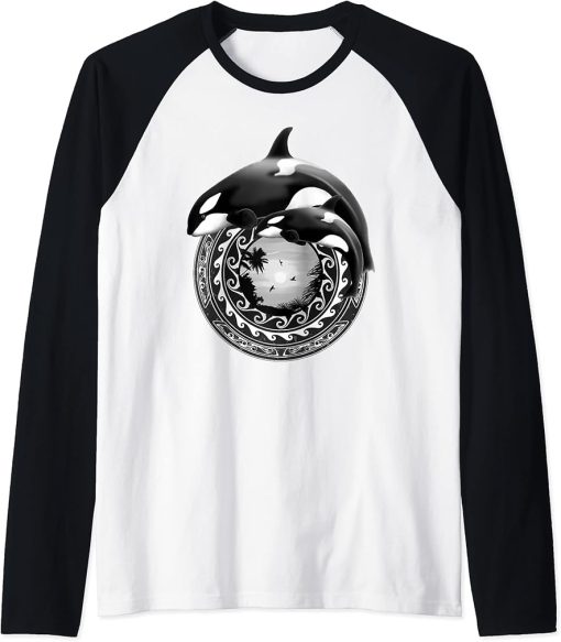 Cute Orca Whales Samoa Polynesian Orcas Raglan Baseball Tee