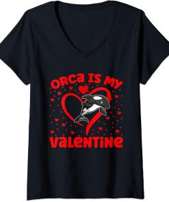 Womens Orca Is My Valentine Heart Shape Orca Fish Valentine V-Neck T-Shirt