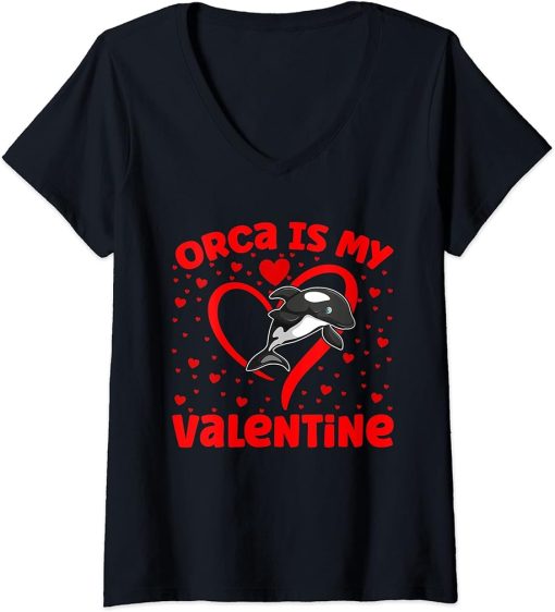 Womens Orca Is My Valentine Heart Shape Orca Fish Valentine V-Neck T-Shirt