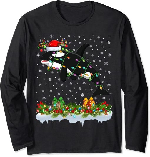 Orca Fish Lover Matching Santa Lighting Orca Christmas Long Sleeve T-Shirt