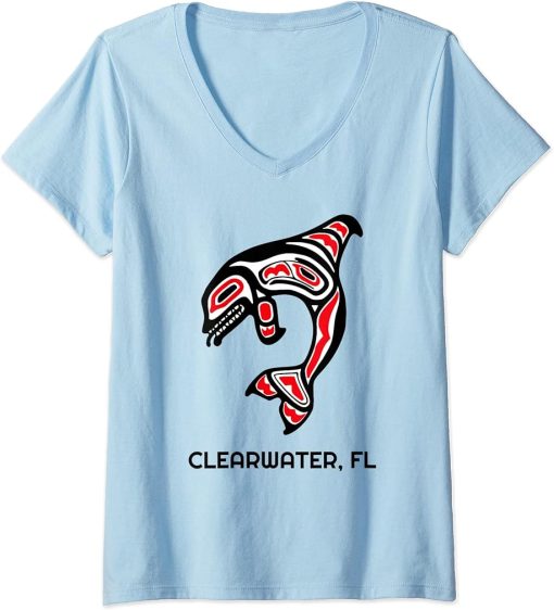 Womens Clearwater FL Native American Indian Orca Killer Whales V-Neck T-Shirt